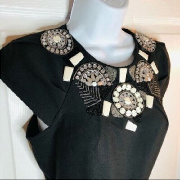 bebe Black Mini Sheath Dress Cap Sleeves Embellished Beaded Yoke Cocktail XXS - Picture 4 of 9